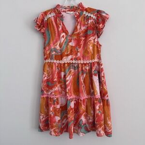 Entro Marble Print Dress M Coral Pink Tiered Ruffle Boho Lined